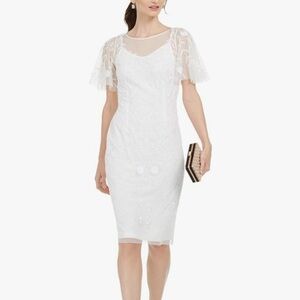 Adrianna Papell White Sheath Lace Cocktail Dress with Flutter Sleeves
